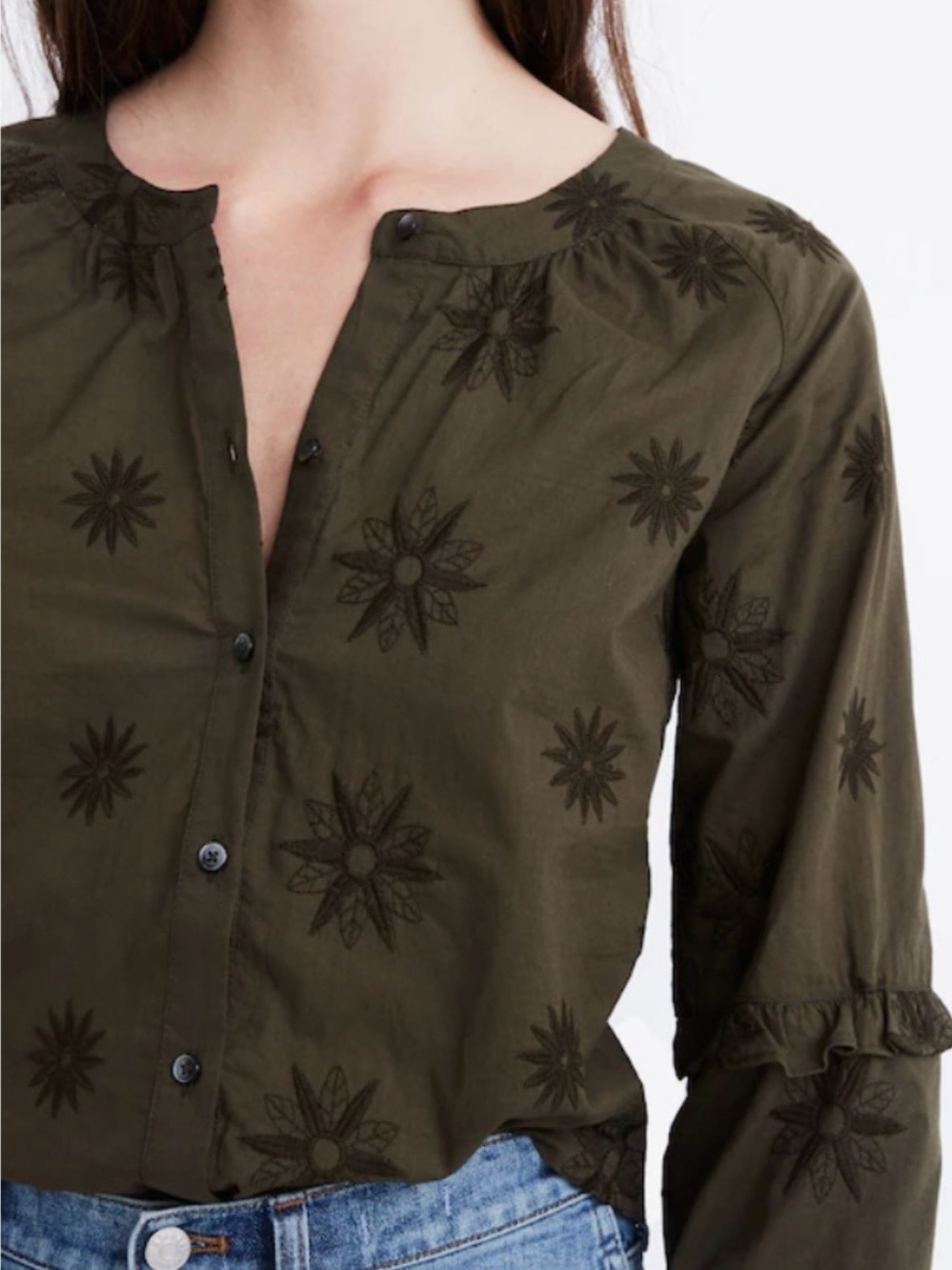 Madewell Embroidered Bubble-Sleeve Shirt Top Sz S Olive Green Floral Cotton Boho